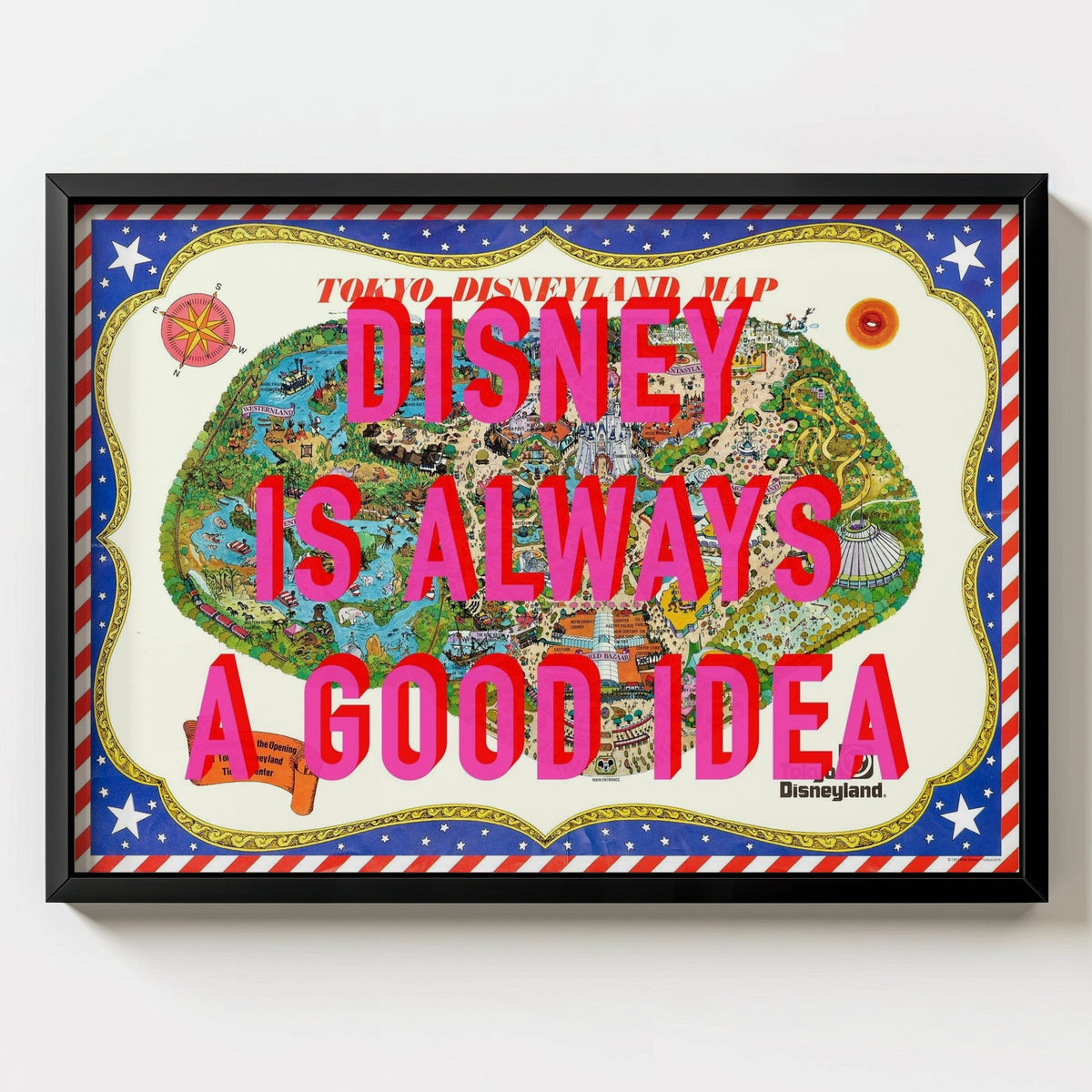Disneyland Tokyo Retro Pop Art Theme Park Japan Map Print - black frame mockup - Magic Posters