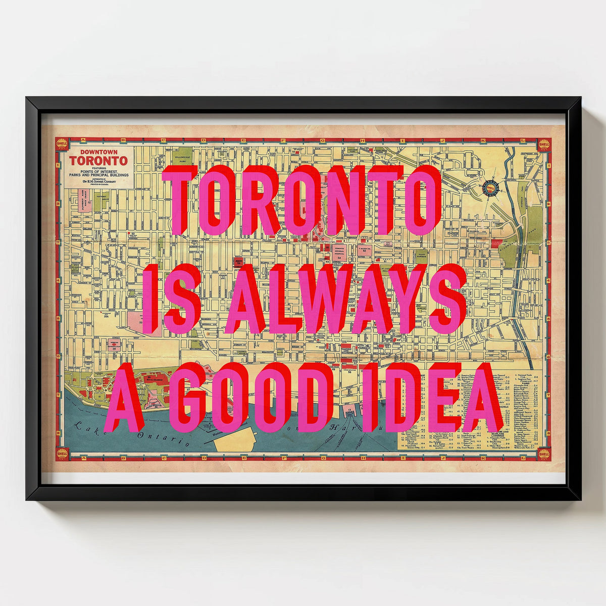 Downtown Toronto Retro Pop Art Map Print (landscape) - black frame mockup - Magic Posters Bold
