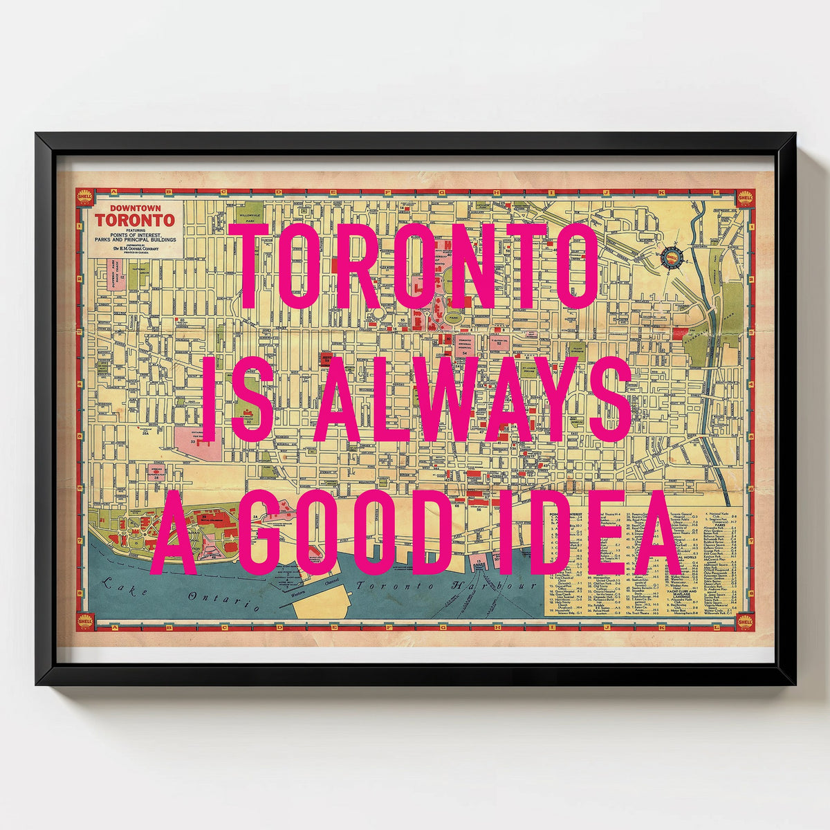 Downtown Toronto Retro Pop Art Map Print (landscape) - black frame mockup - Magic Posters