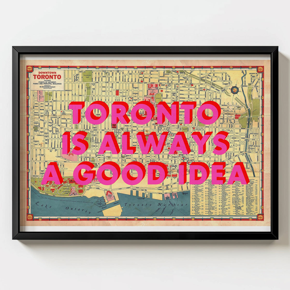 Downtown Toronto Retro Pop Art Map Print (landscape) - black frame mockup - Magic Posters