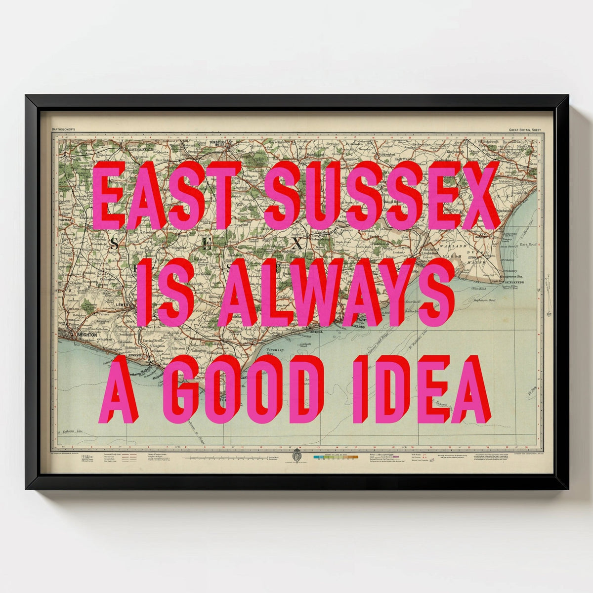 East Sussex Retro Pop Art Map Print - black frame mockup - Magic Posters