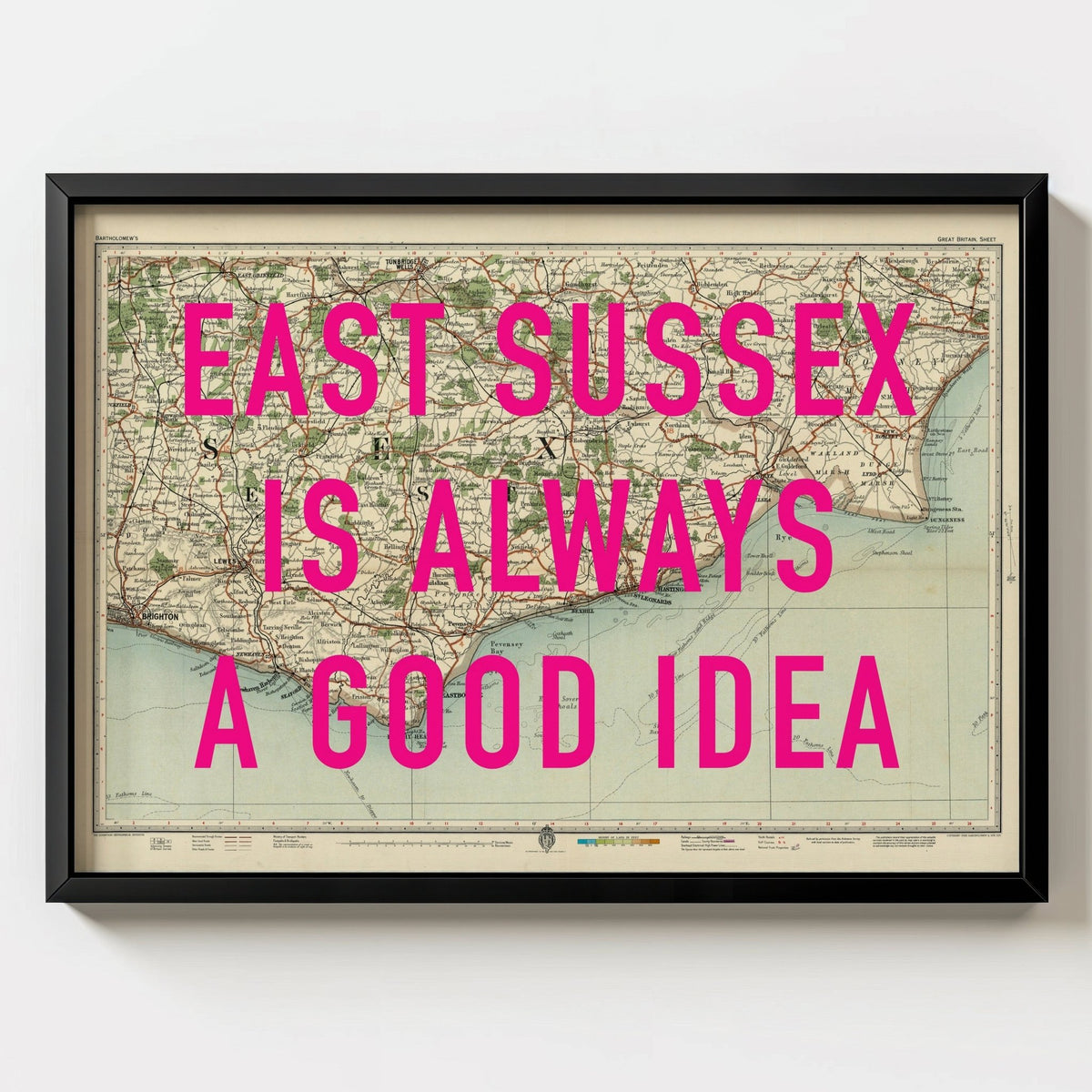 East Sussex Retro Pop Art Map Print - black frame mockup - Magic Posters