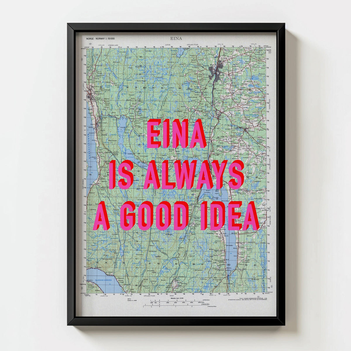 Eina Retro Pop Art Map Print (portrait) - black frame mockup - Magic Posters Bold