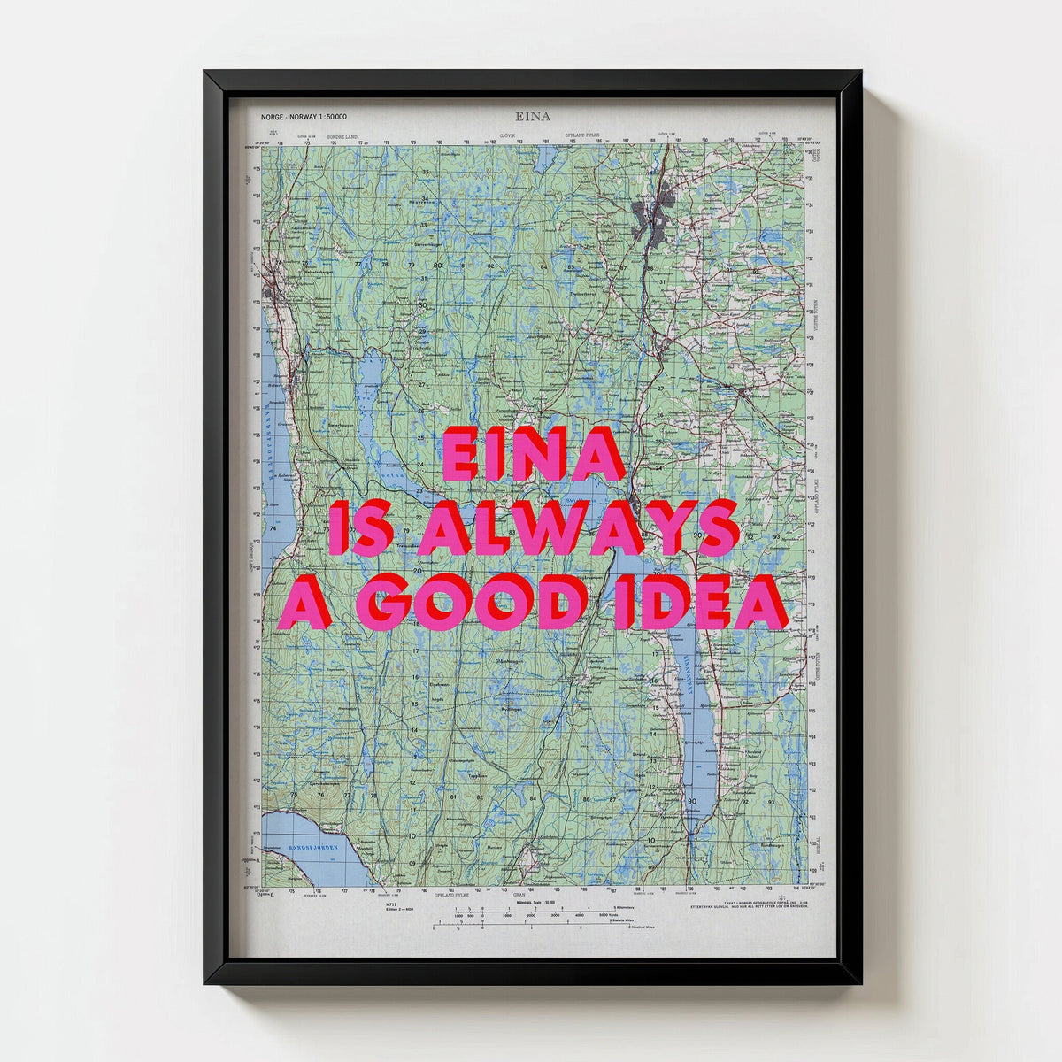 Eina Retro Pop Art Map Print (portrait) - black frame mockup - Magic Posters