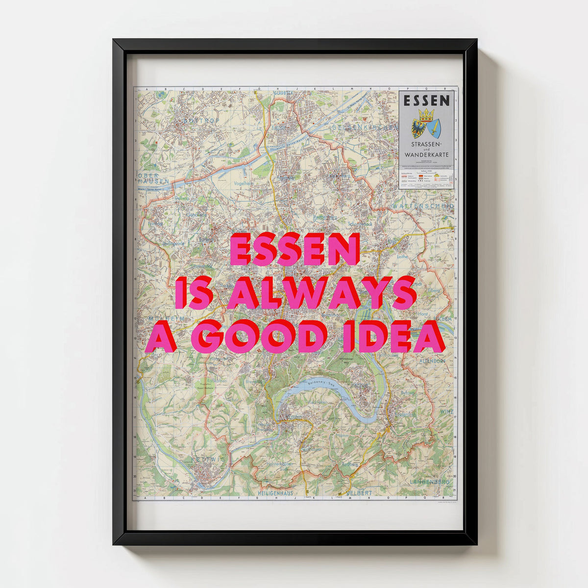 Essen Retro Pop Art Map Print (portrait) - black frame mockup - Magic Posters