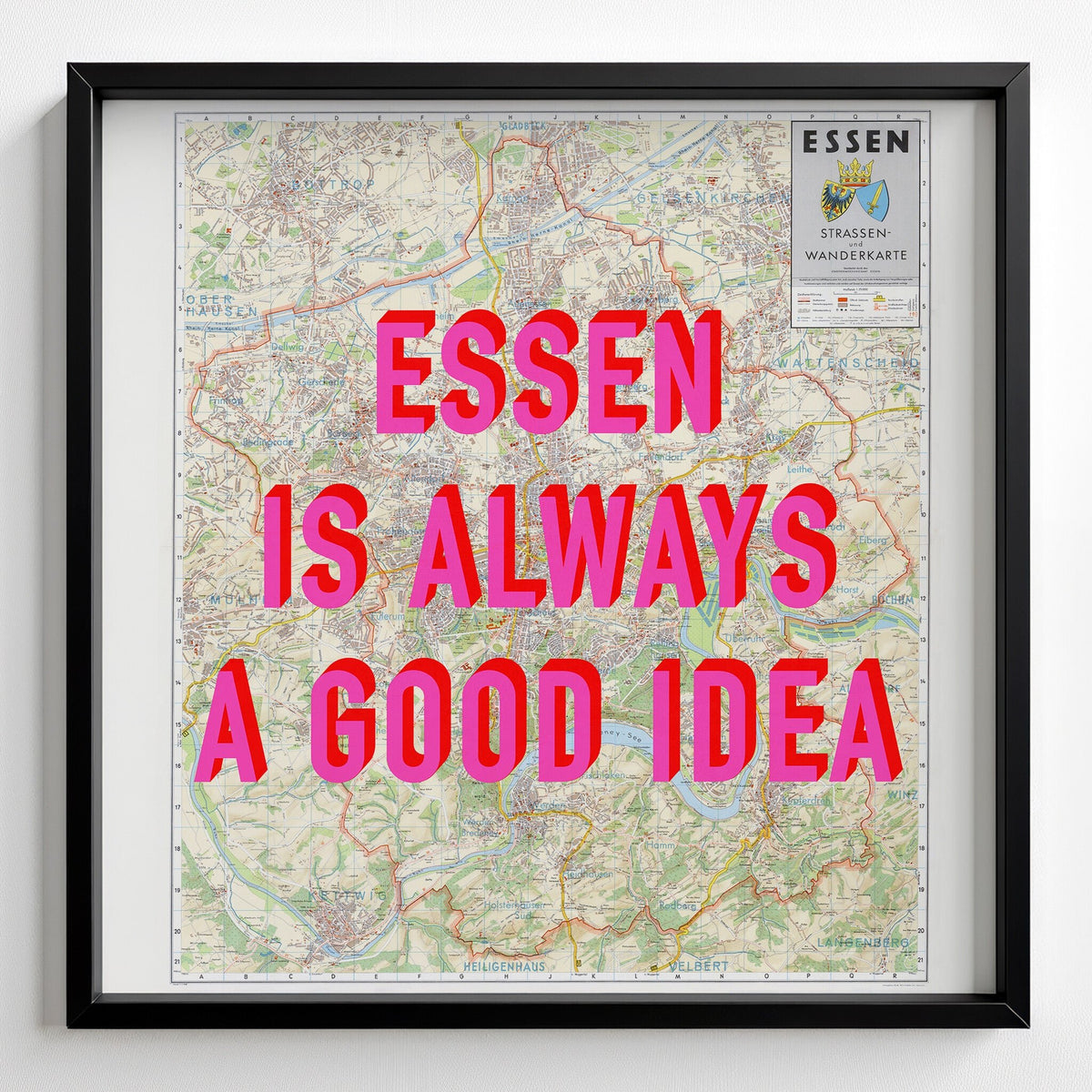 Essen Retro Pop Art Map Print (square) - black frame mockup - Magic Posters Bold