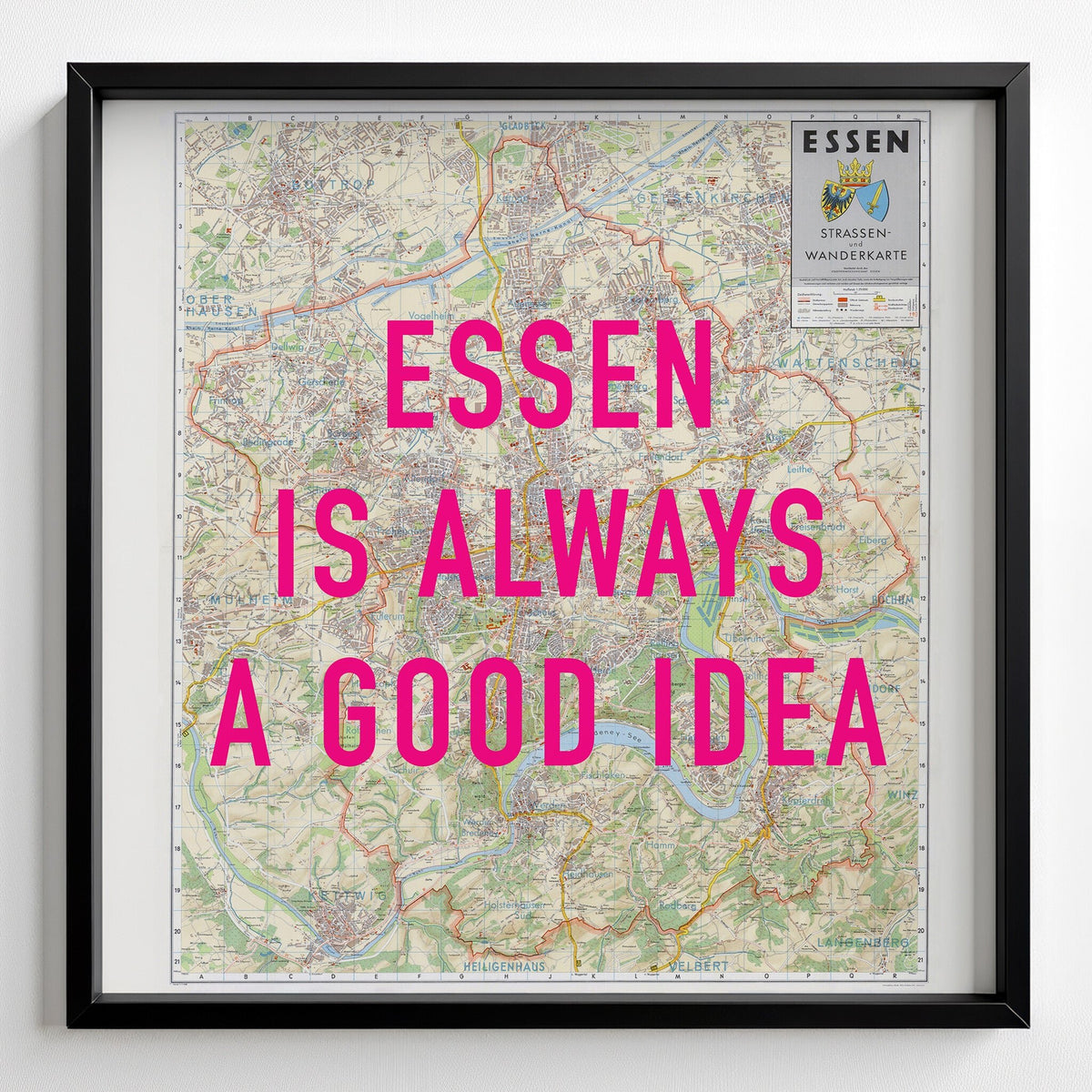 Essen Retro Pop Art Map Print (square) - black frame mockup - Magic Posters