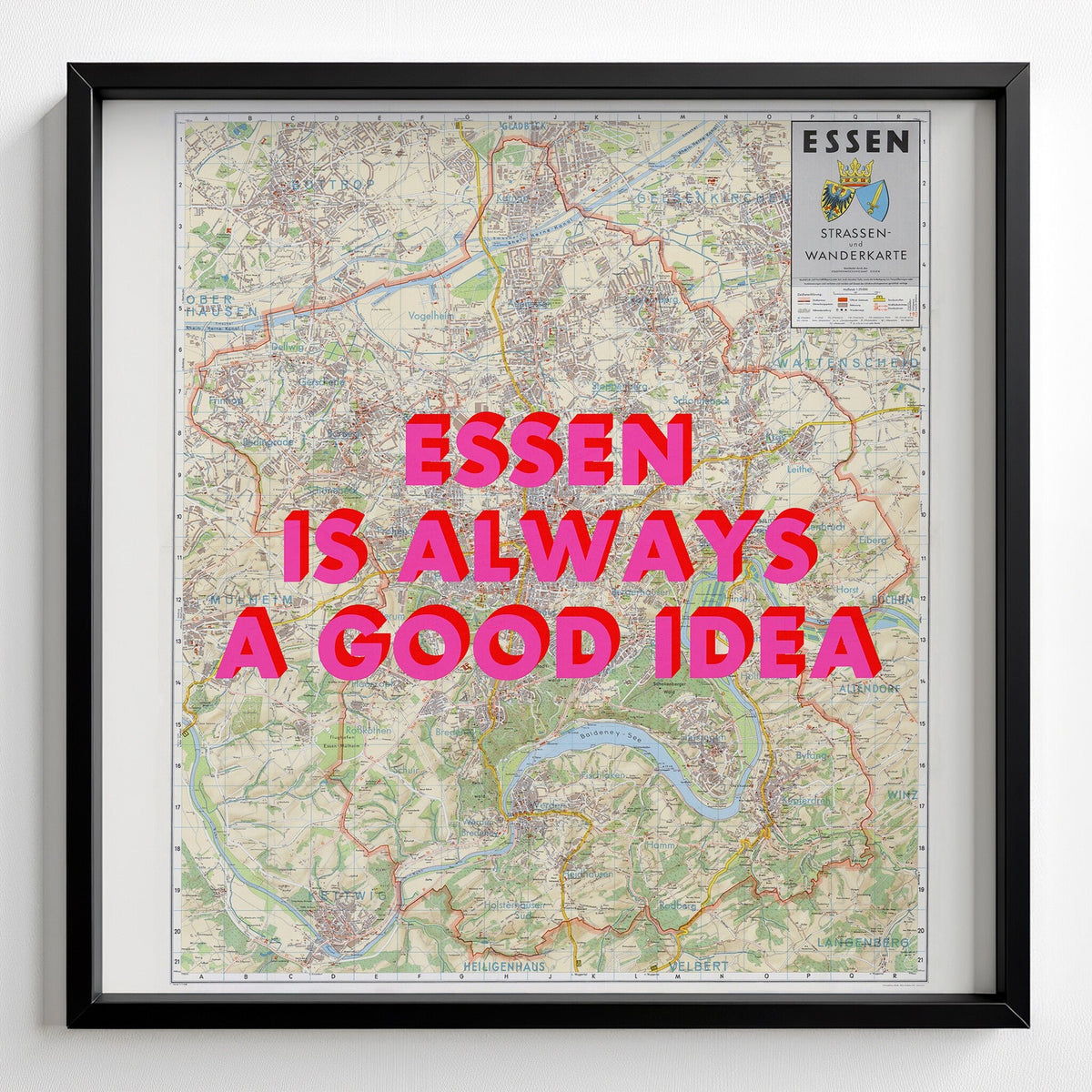 Essen Retro Pop Art Map Print (square) - black frame mockup - Magic Posters