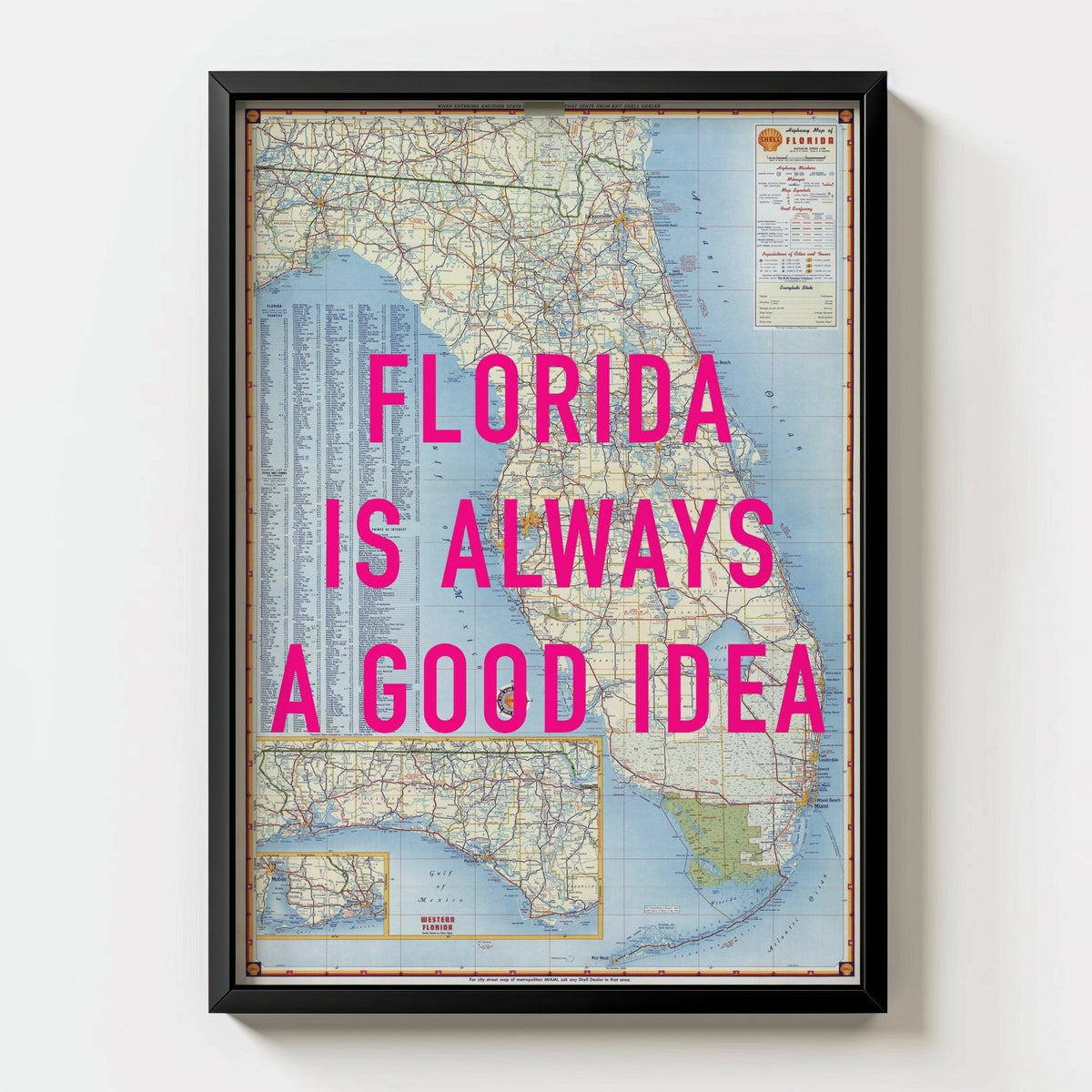 Florida Retro Pop Art Map Print - black frame mockup - Magic Posters