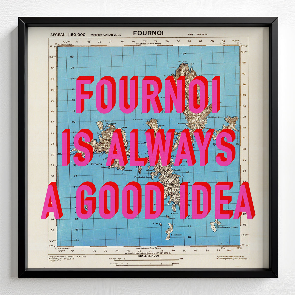 Fournoi Korseon Greek Island Retro Pop Art Map Print (square) - black frame mockup - Magic Posters