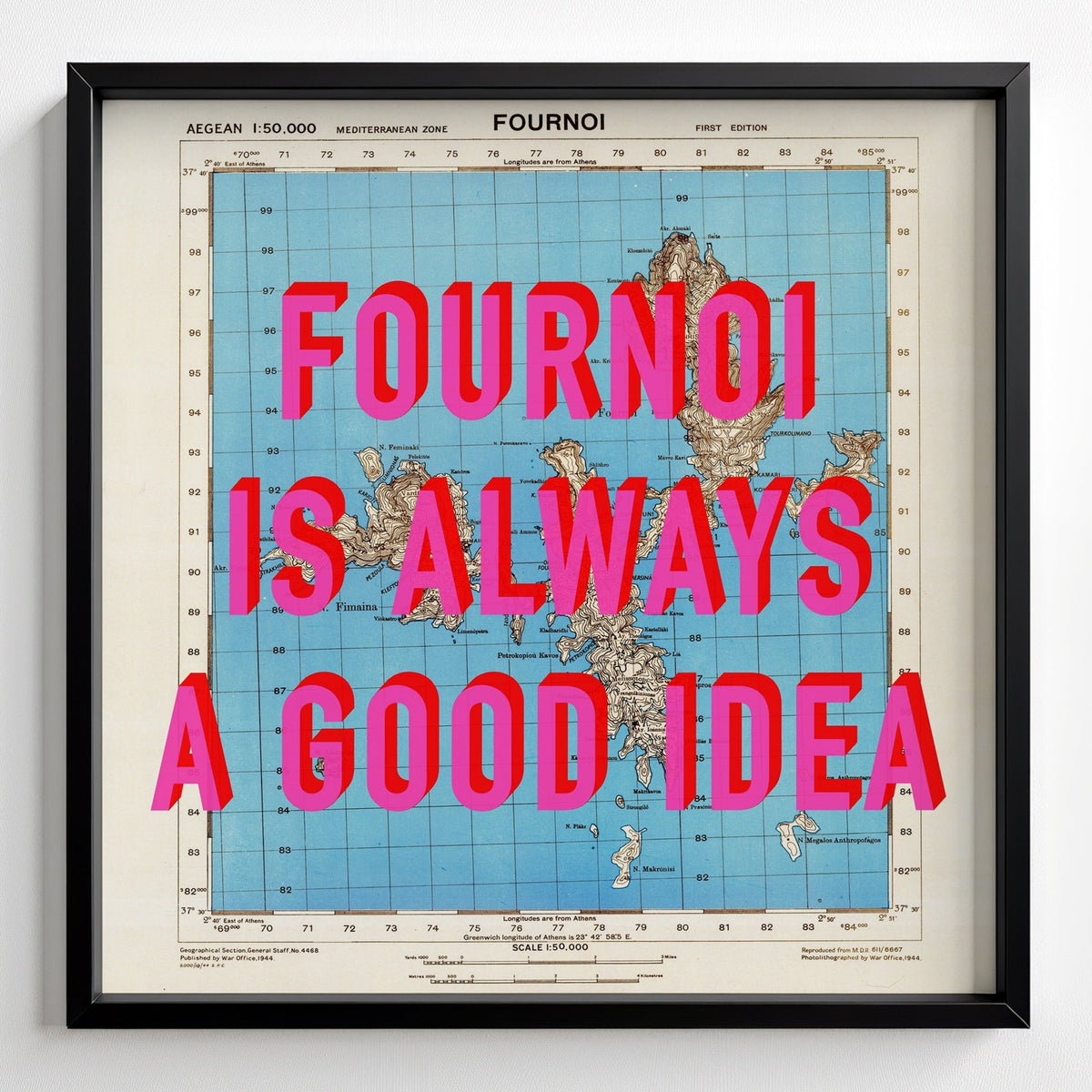 Fournoi Korseon Greek Island Retro Pop Art Map Print (square) - black frame mockup - Magic Posters