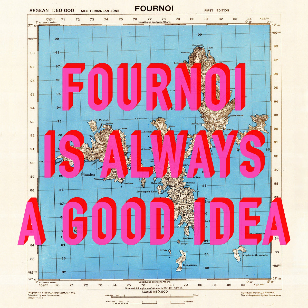 Fournoi Korseon Greek Island Retro Pop Art Map Print (square)