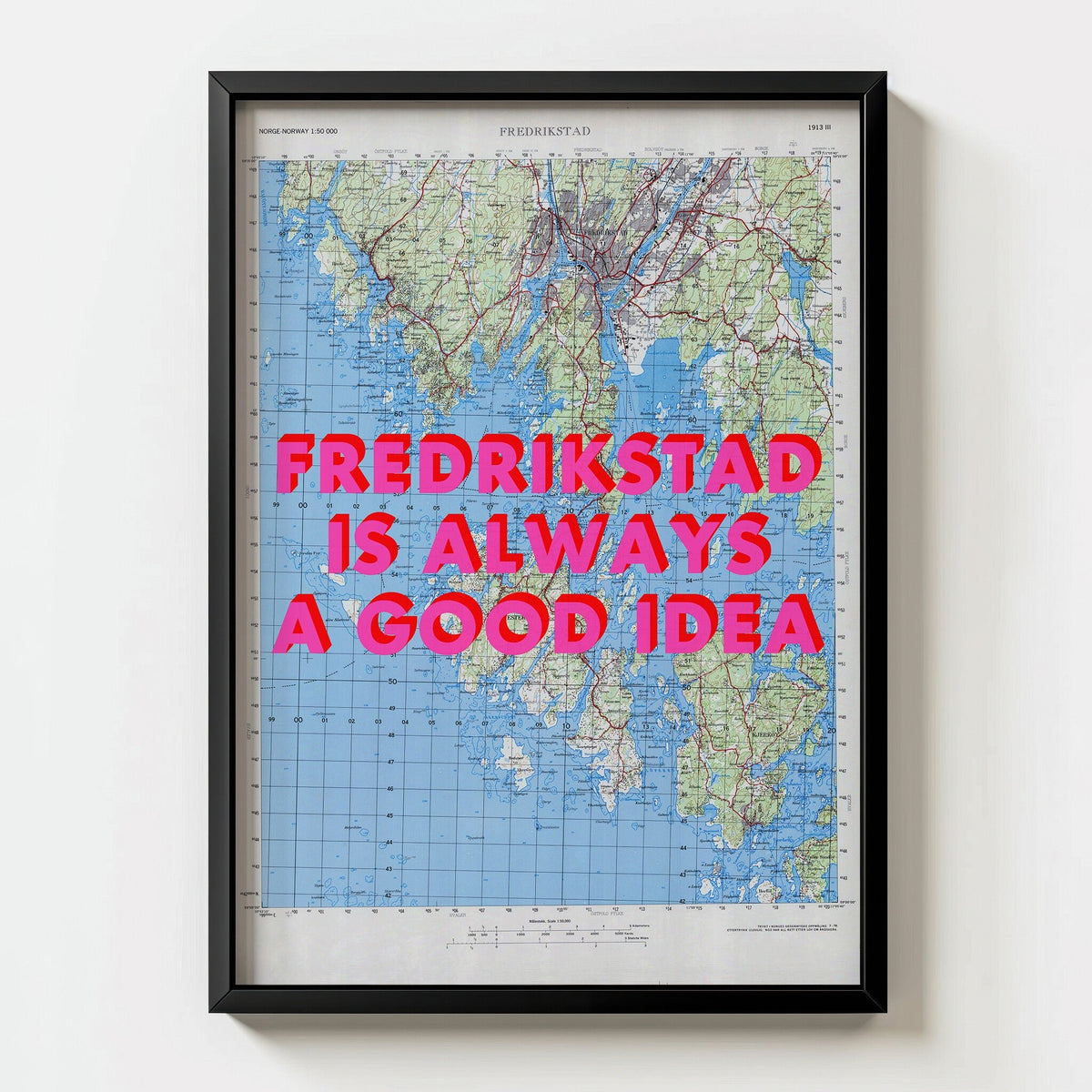 Fredrikstad Retro Pop Art Map Print (portrait) - black frame mockup - Magic Posters