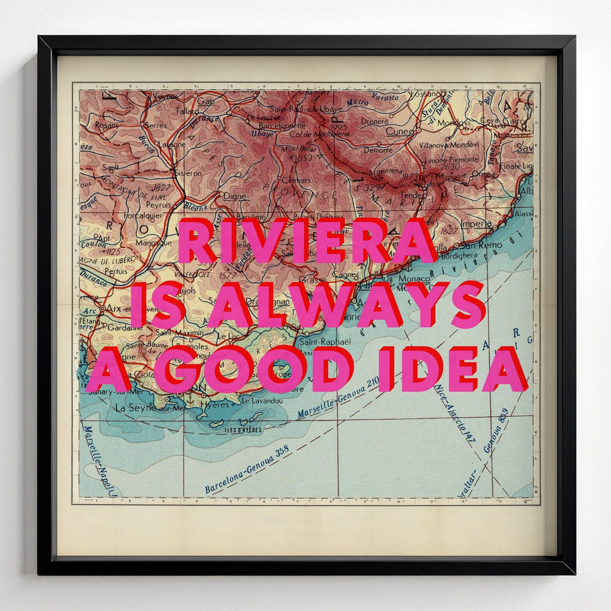 French Riviera Retro Pop Art Map Print (France) - black frame mockup - Magic Posters