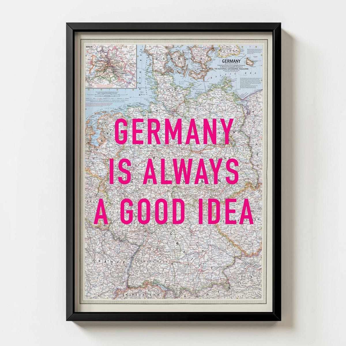 Germany Retro Pop Art Map Print (portrait) - black frame mockup - Magic Posters