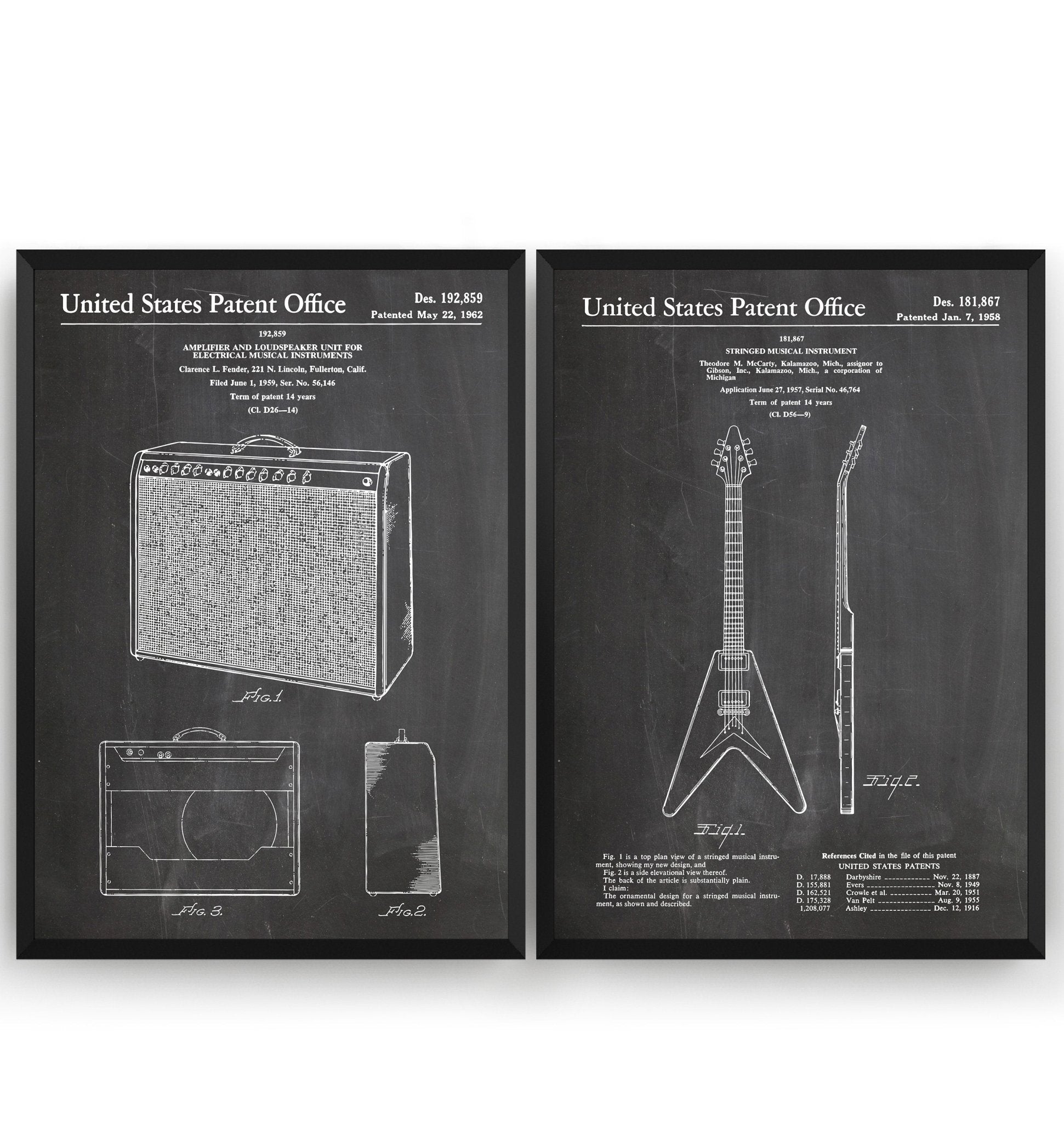Gibson Flying V Guitar 1958 + Amplifier 1962 Sets Of 2 Patent Prints - Magic Posters