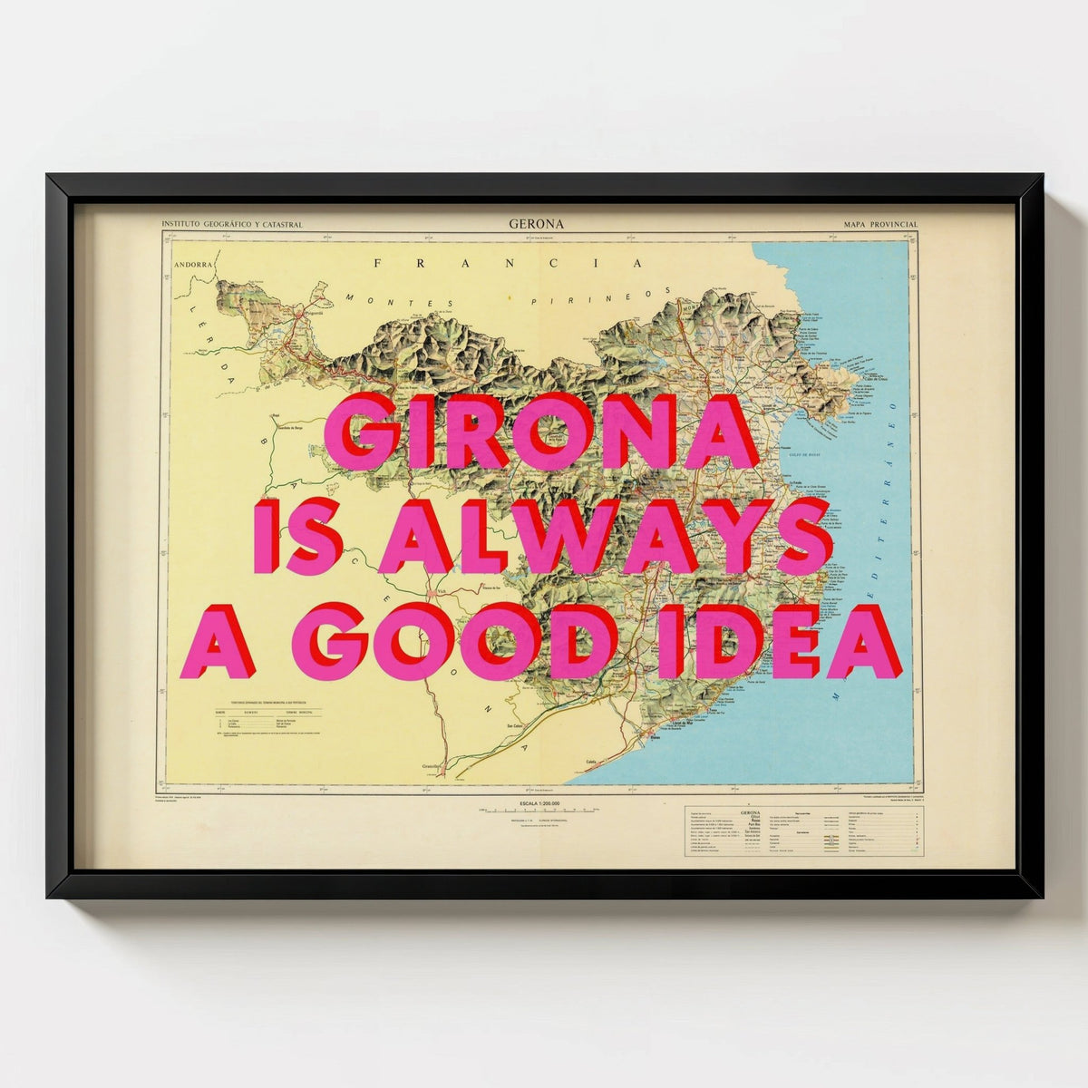 Girona Retro Pop Art Map Print Spain (landscape) - black frame mockup - Magic Posters