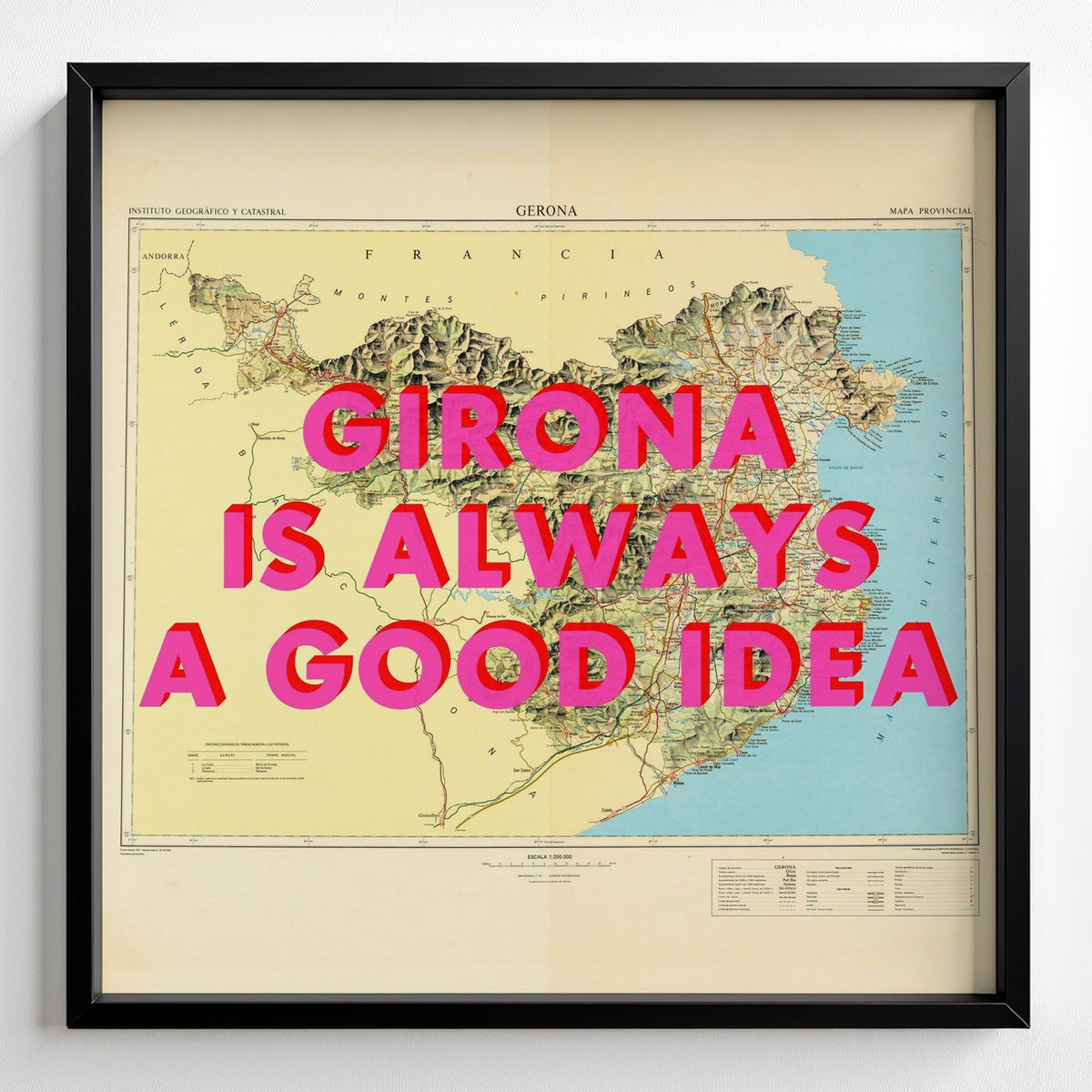 Girona Retro Pop Art Map Print (Square) - black frame mockup - Magic Posters