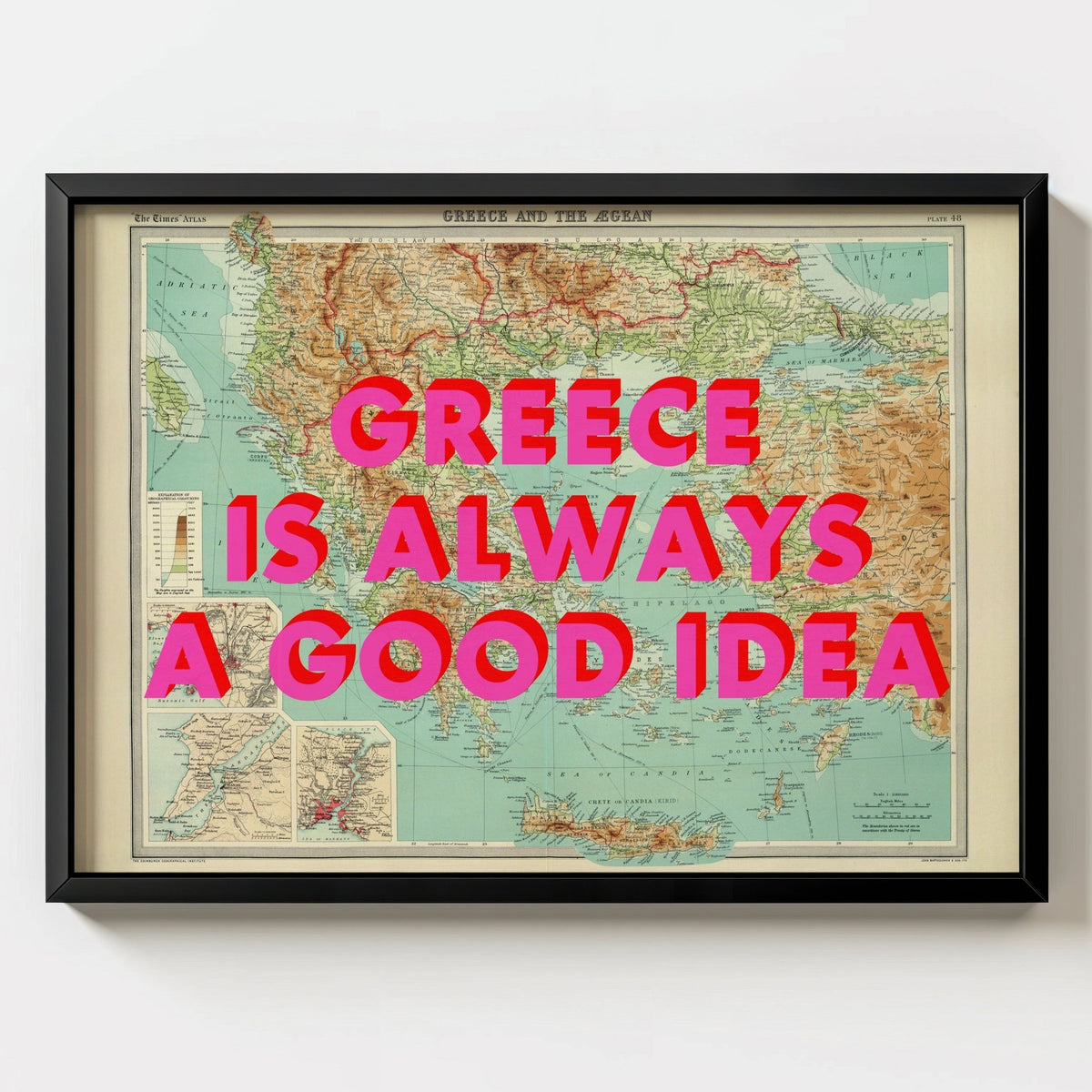Greece Retro Pop Art Map Print - black frame mockup - Magic Posters