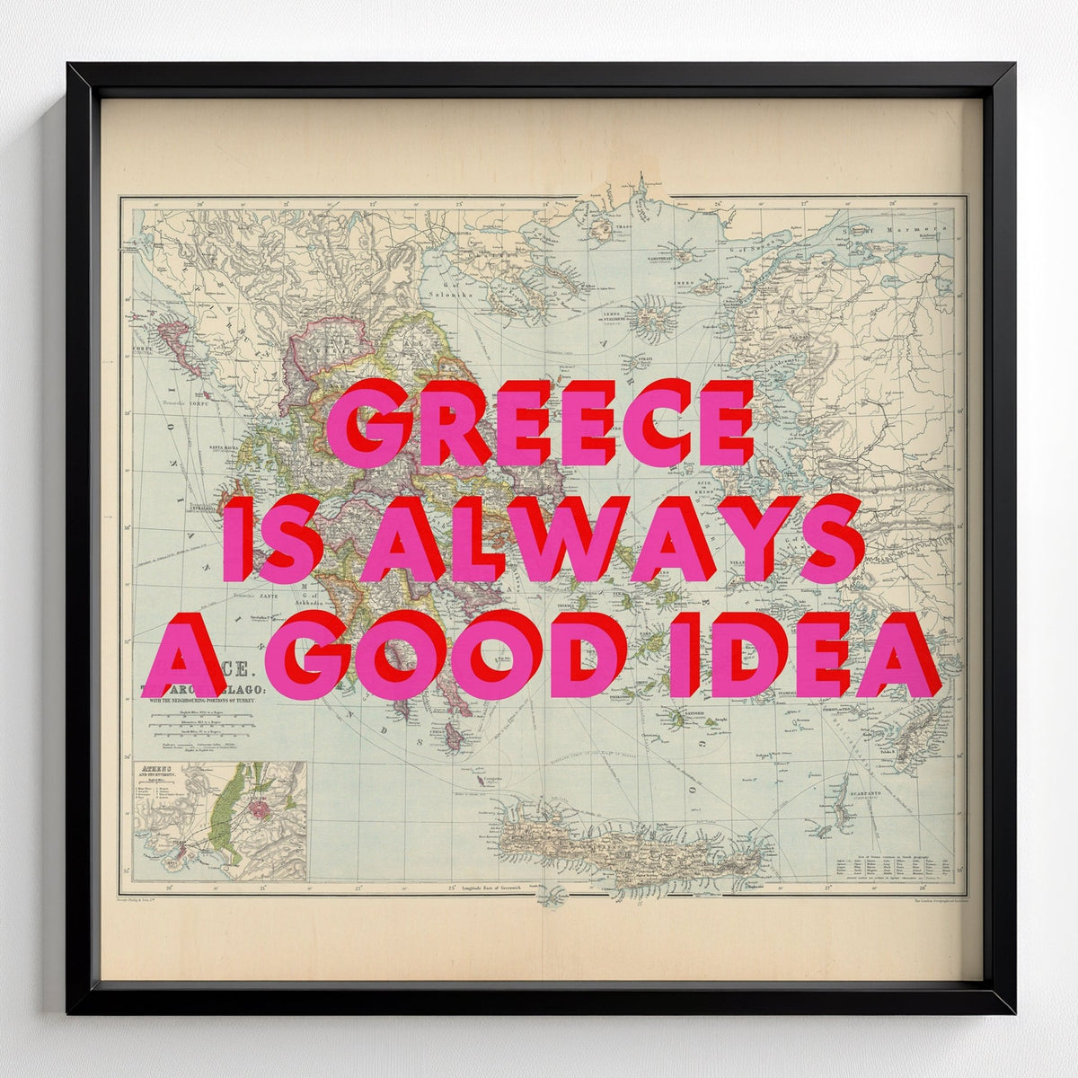 Greece Retro Pop Art Map Print (square) - black frame mockup - Magic Posters
