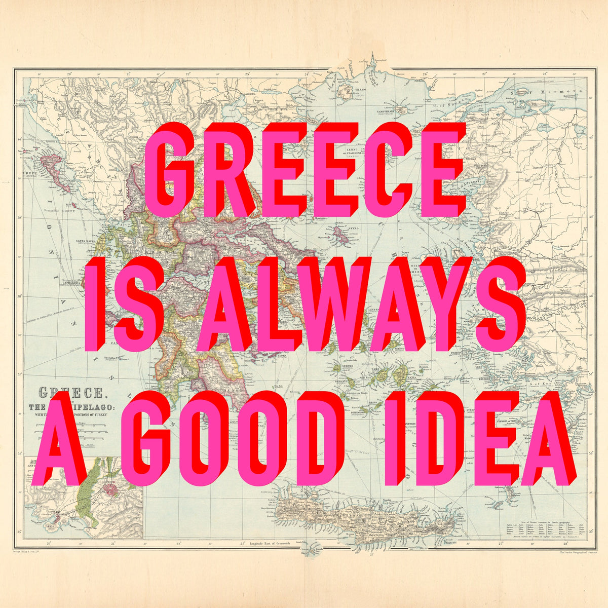 Greece Retro Pop Art Map Print (square)