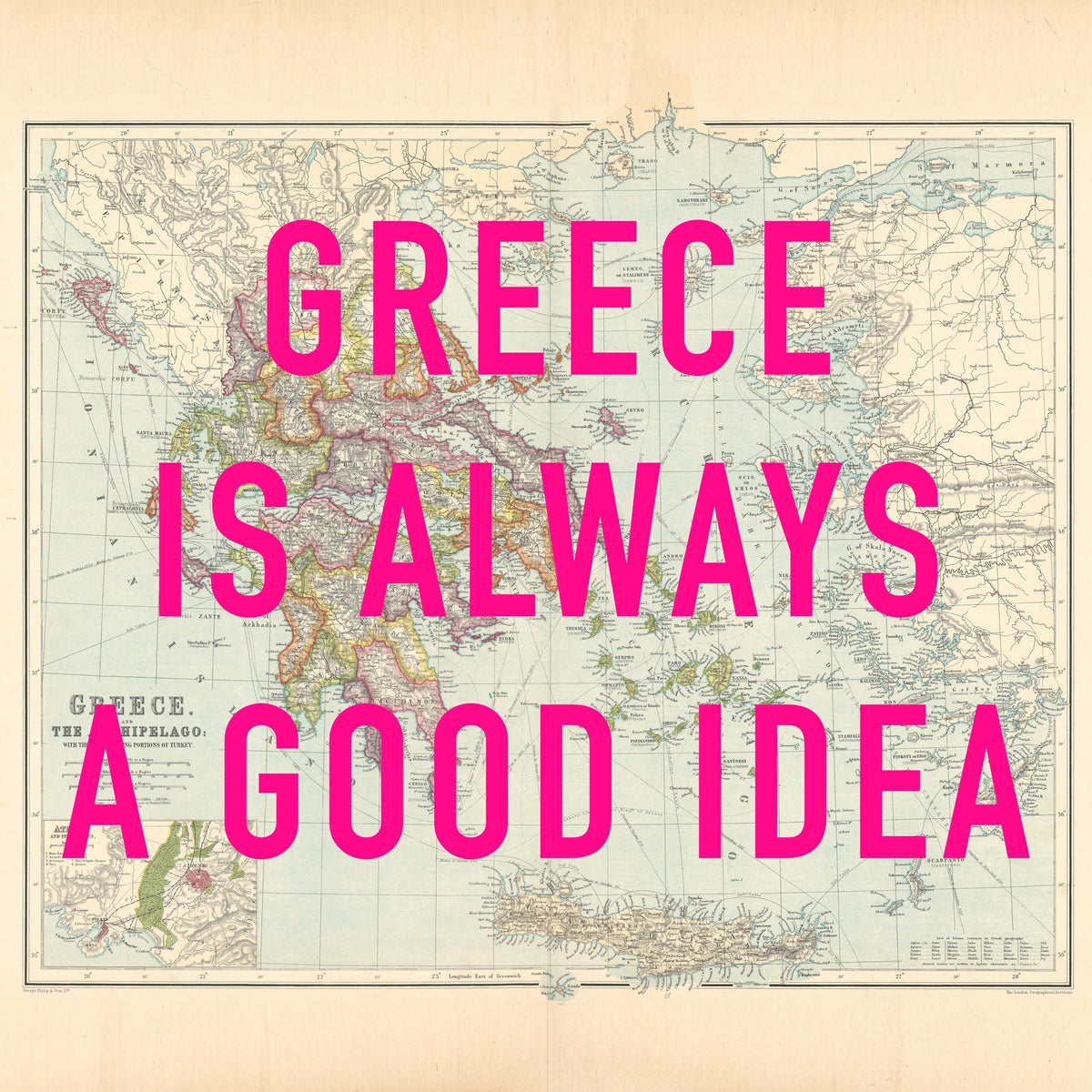Greece Retro Pop Art Map Print (square)