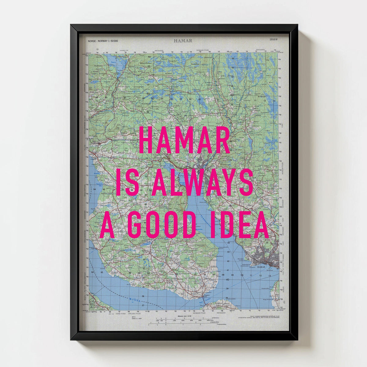 Hamar Retro Pop Art Map Print (portrait) - black frame mockup - Magic Posters