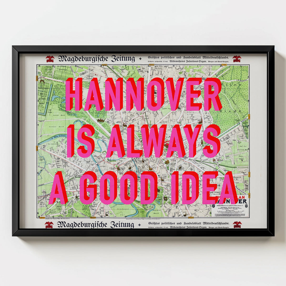 Hannover Retro Pop Art Map Print (landscape) - black frame mockup - Magic Posters Bold