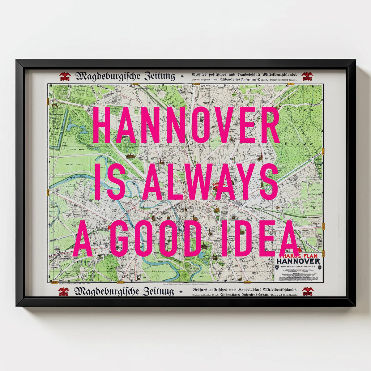Hannover Retro Pop Art Map Print (landscape) - black frame mockup - Magic Posters