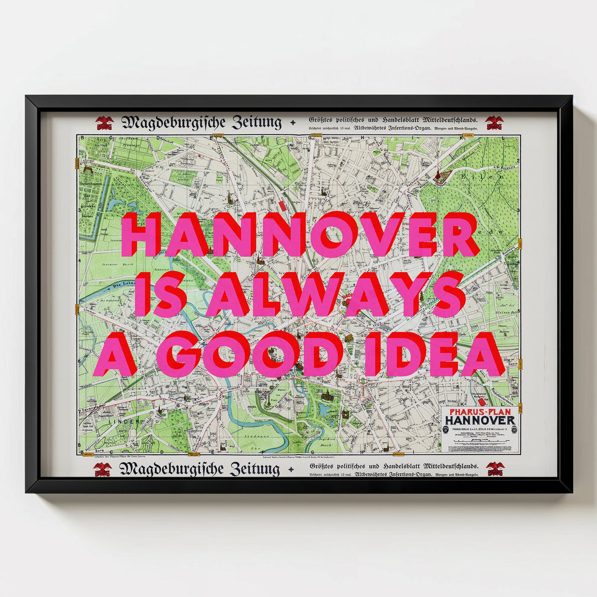 Hannover Retro Pop Art Map Print (landscape) - black frame mockup - Magic Posters