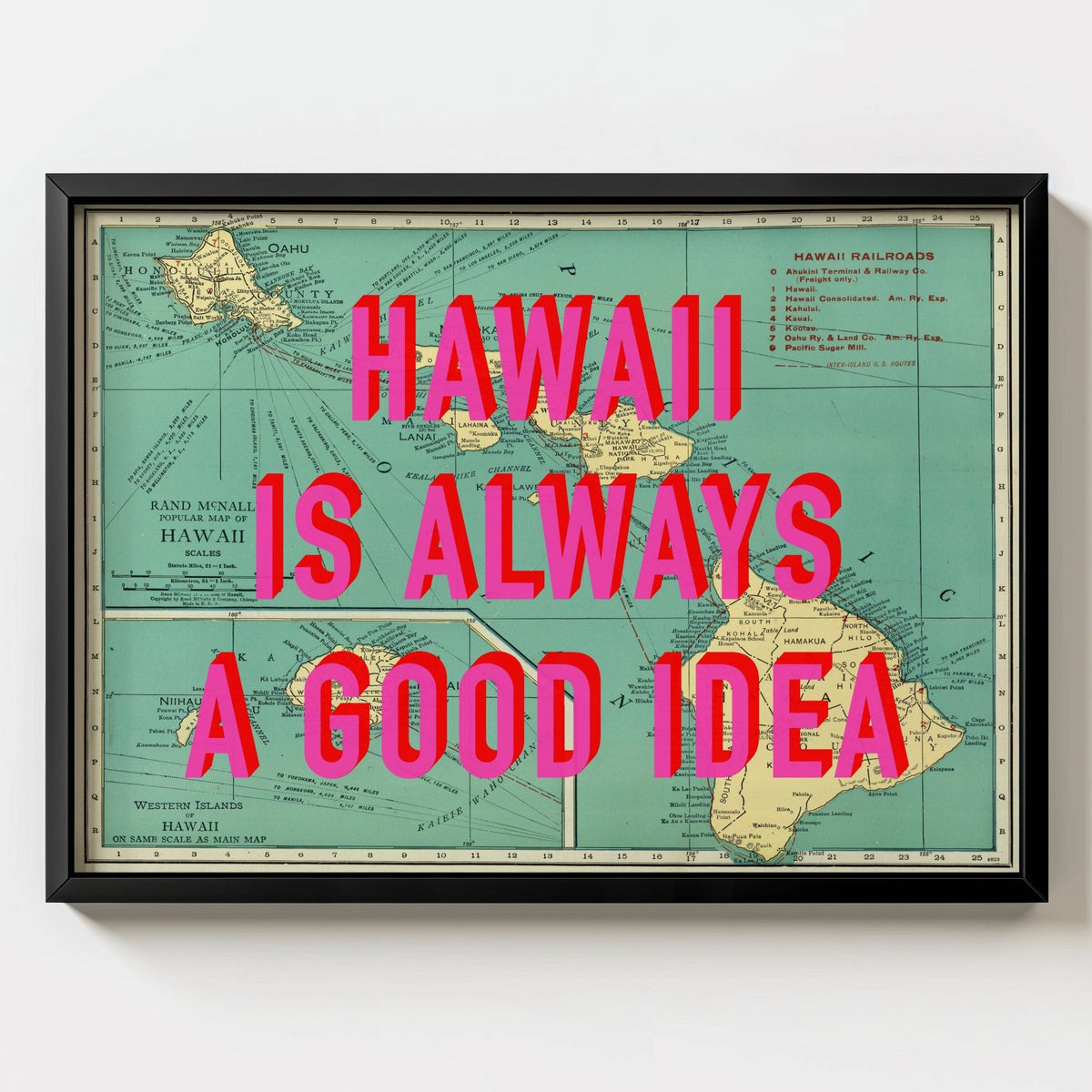 Hawaii Retro Pop Art Map Print (landscape) - black frame mockup - Magic Posters