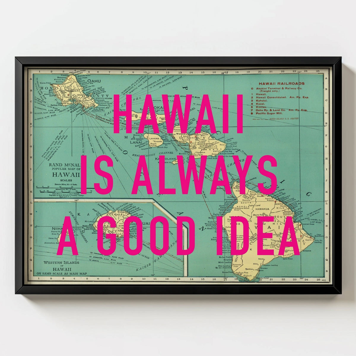 Hawaii Retro Pop Art Map Print (landscape) - black frame mockup - Magic Posters