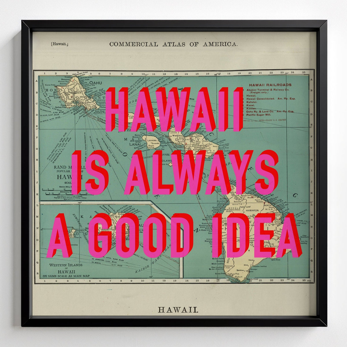 Hawaii Retro Pop Art Map Print (Square) - black frame mockup - Magic Posters