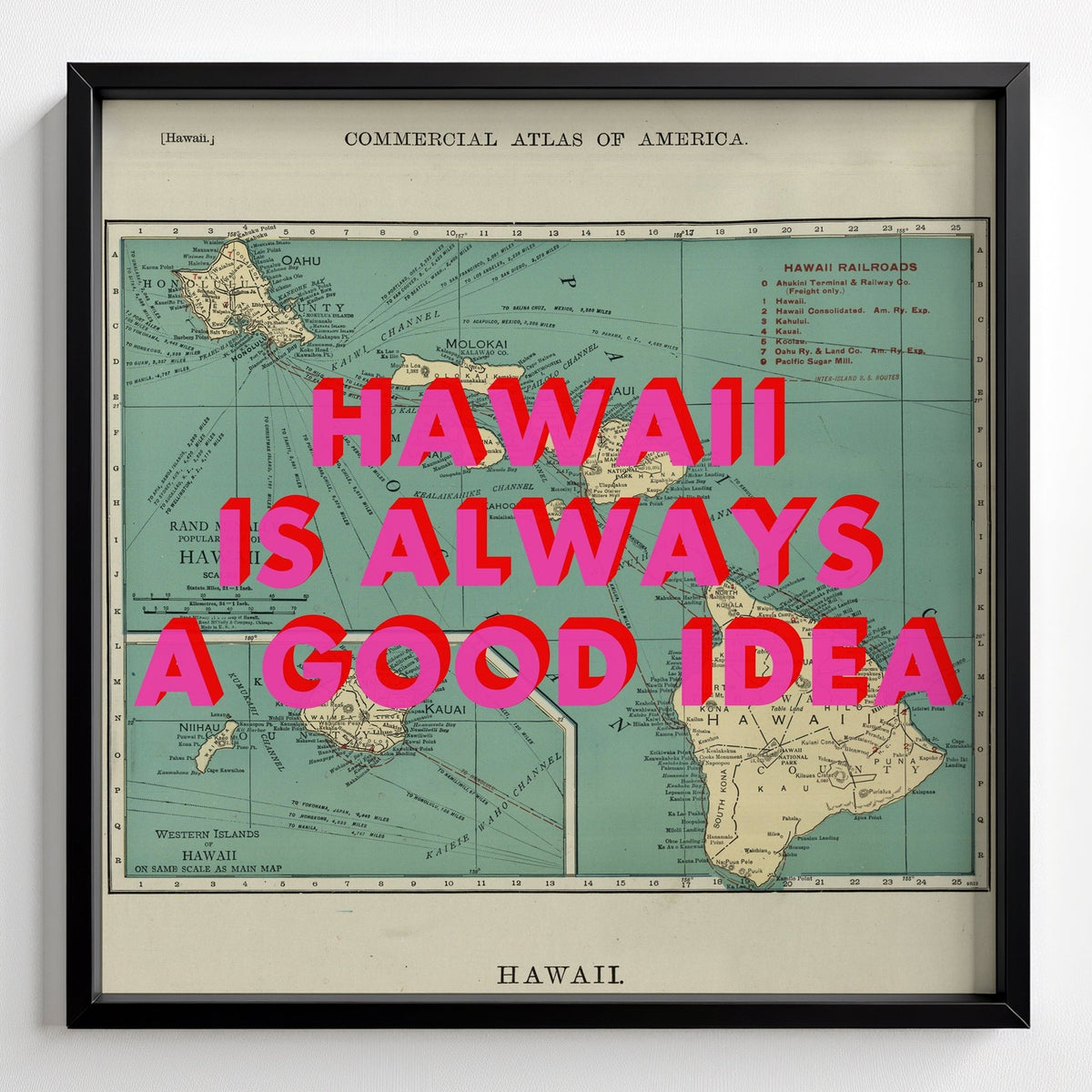 Hawaii Retro Pop Art Map Print (Square) - black frame mockup - Magic Posters