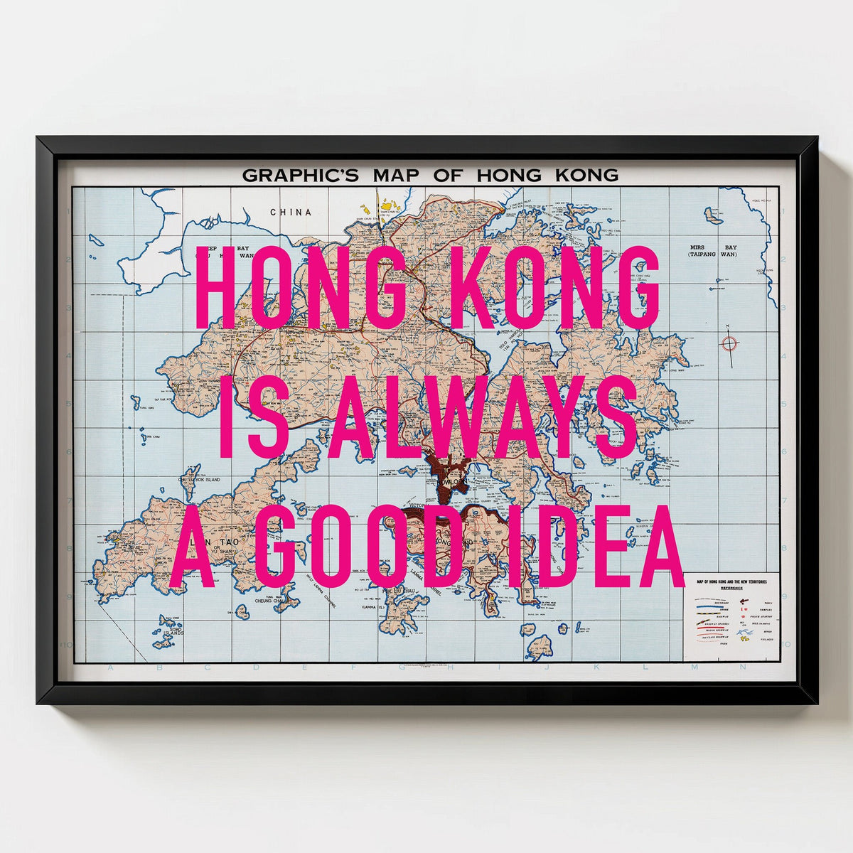 Hong Kong Retro Pop Art Map Print (landscape) - black frame mockup - Magic Posters