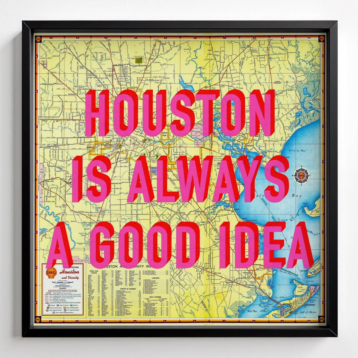 Houston Retro Pop Art Map Print - black frame mockup - Magic Posters
