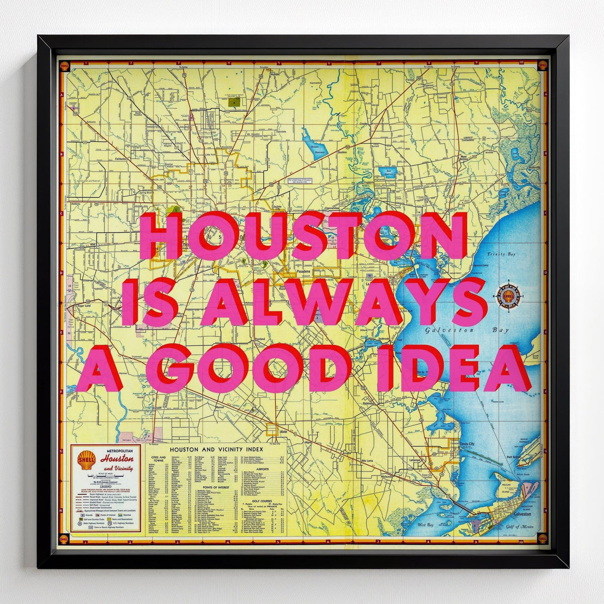 Houston Retro Pop Art Map Print - black frame mockup - Magic Posters