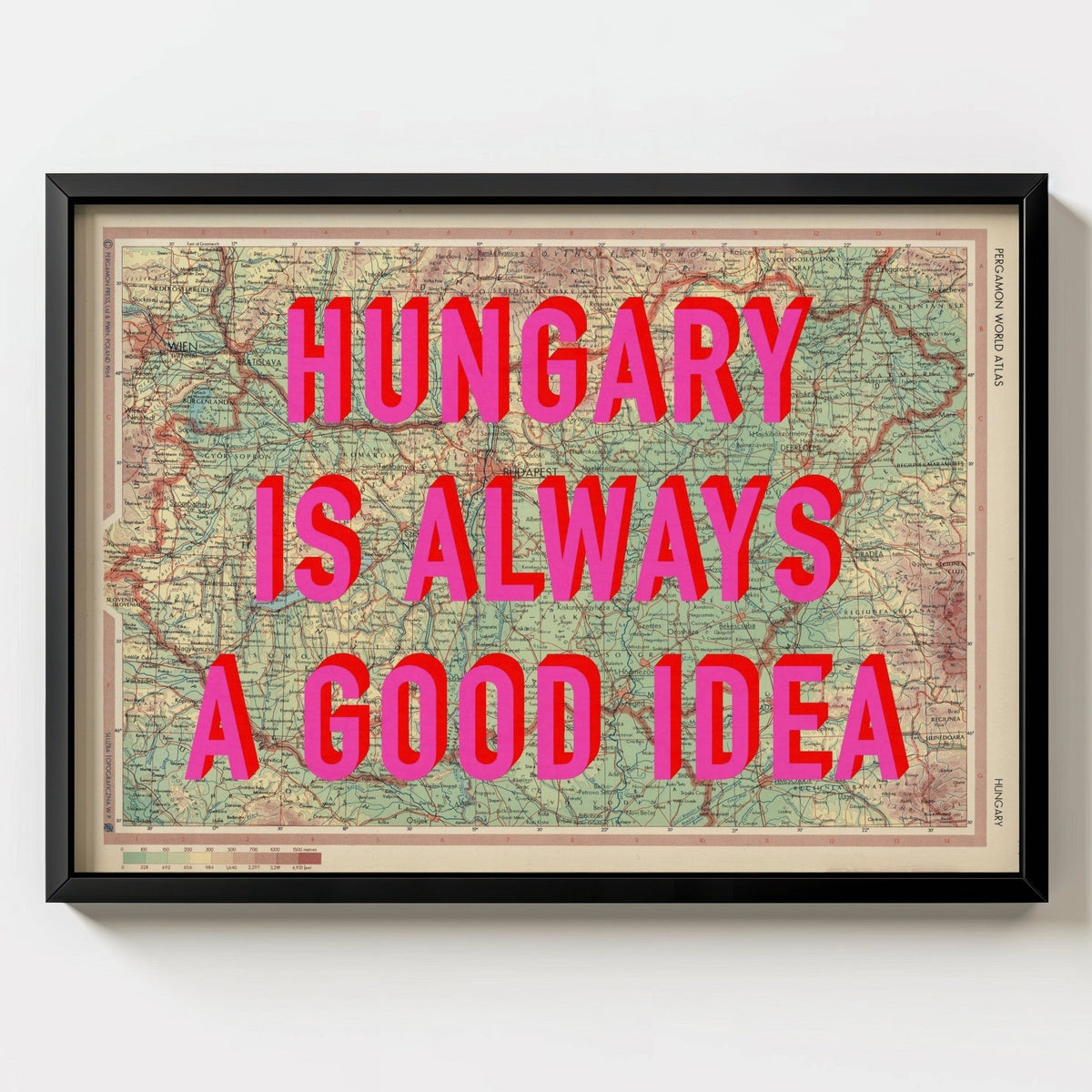 Hungary Retro Pop Art Map Print (landscape) - black frame mockup - Magic Posters