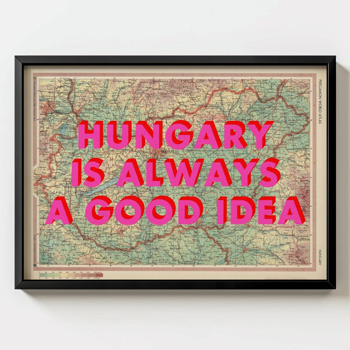 Hungary Retro Pop Art Map Print (landscape) - black frame mockup - Magic Posters