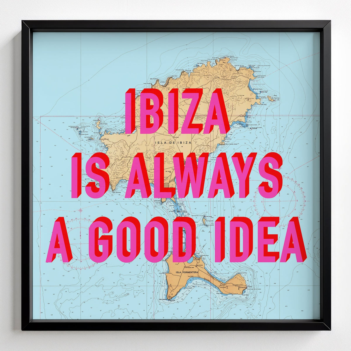 Ibiza Retro Pop Art Map Print - black frame mockup - Magic Posters