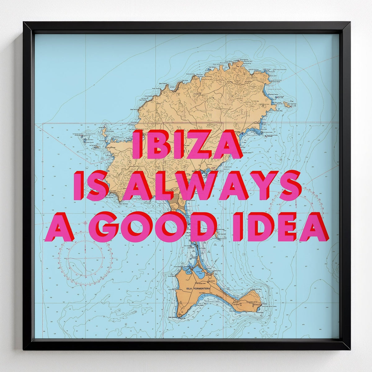 Ibiza Retro Pop Art Map Print - black frame mockup - Magic Posters