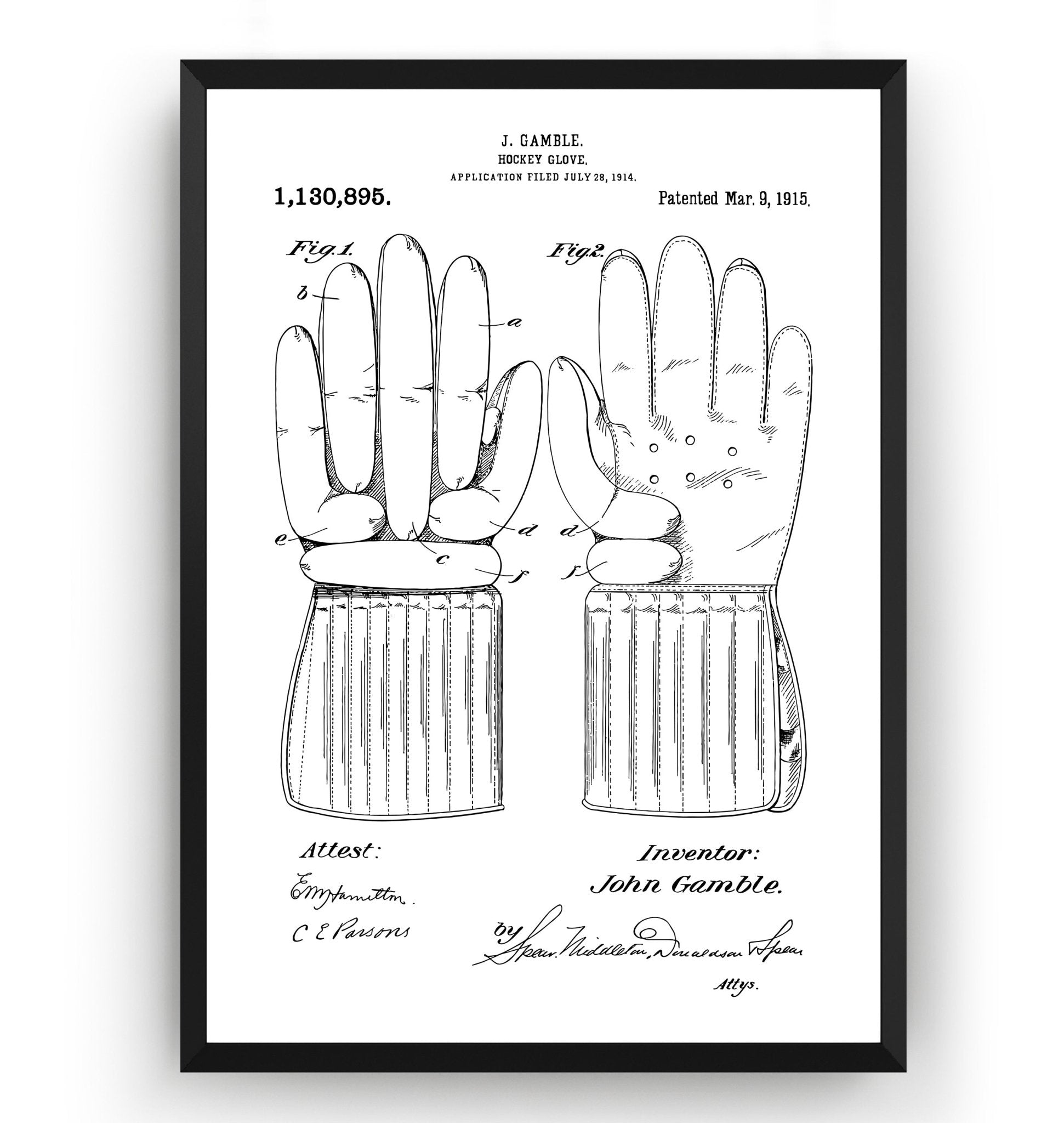 Ice Hockey Gloves 1915 Patent Print - Magic Posters