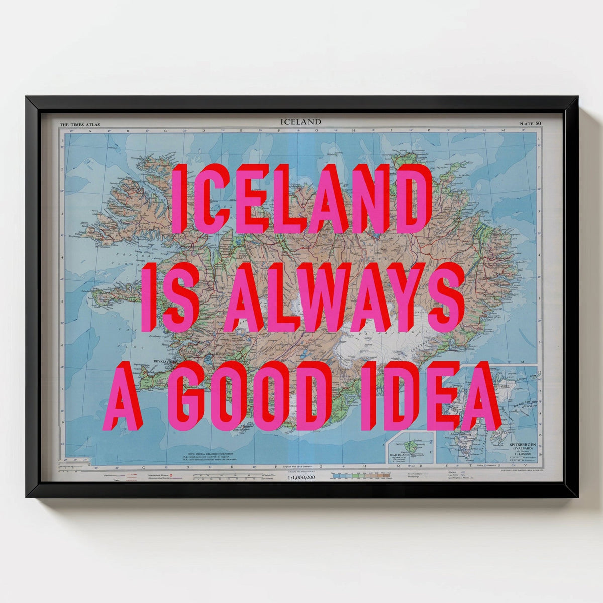 Iceland Retro Pop Art Map Print (landscape) - black frame mockup - Magic Posters