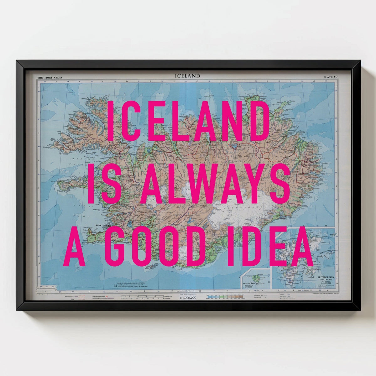 Iceland Retro Pop Art Map Print (landscape) - black frame mockup - Magic Posters