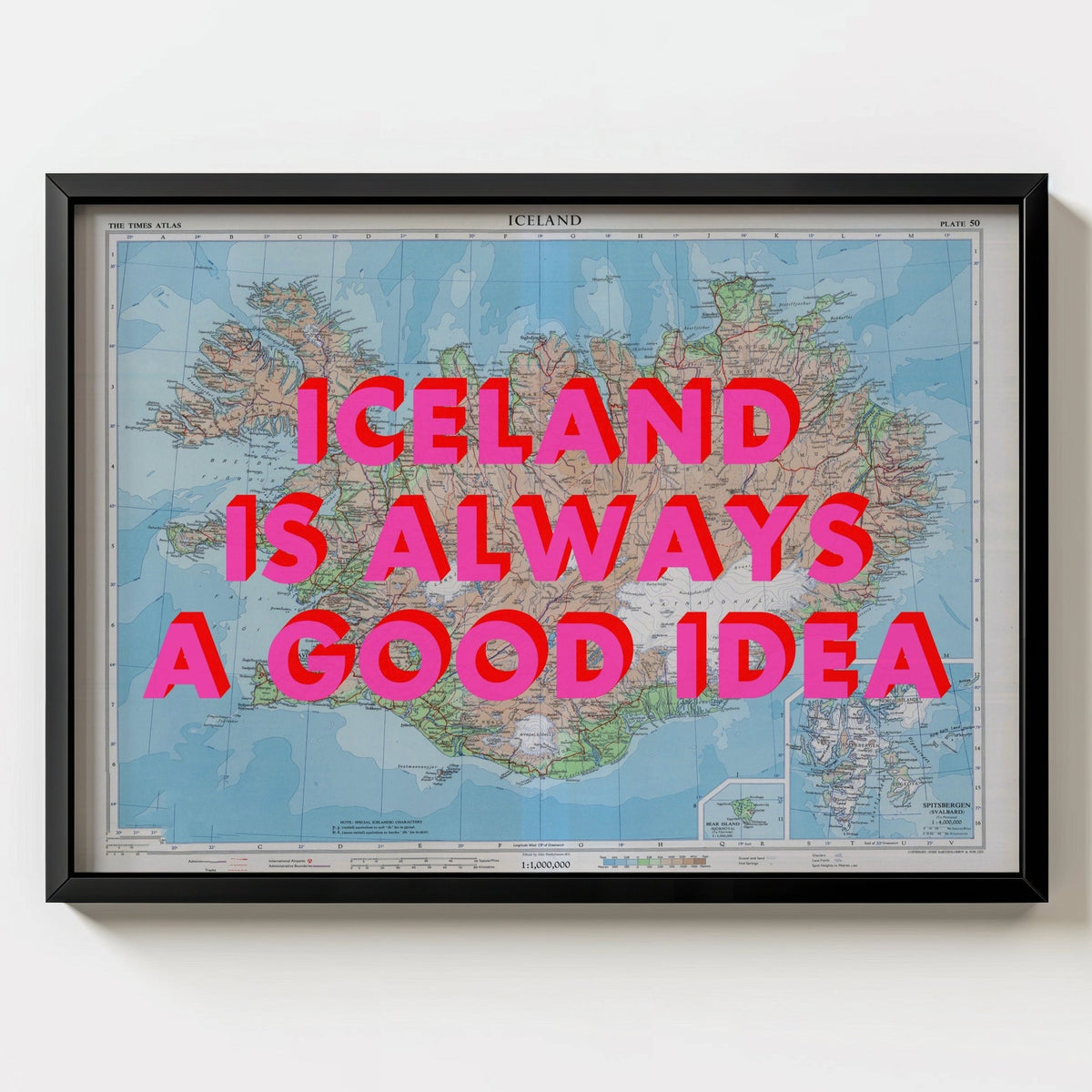 Iceland Retro Pop Art Map Print (landscape) - black frame mockup - Magic Posters