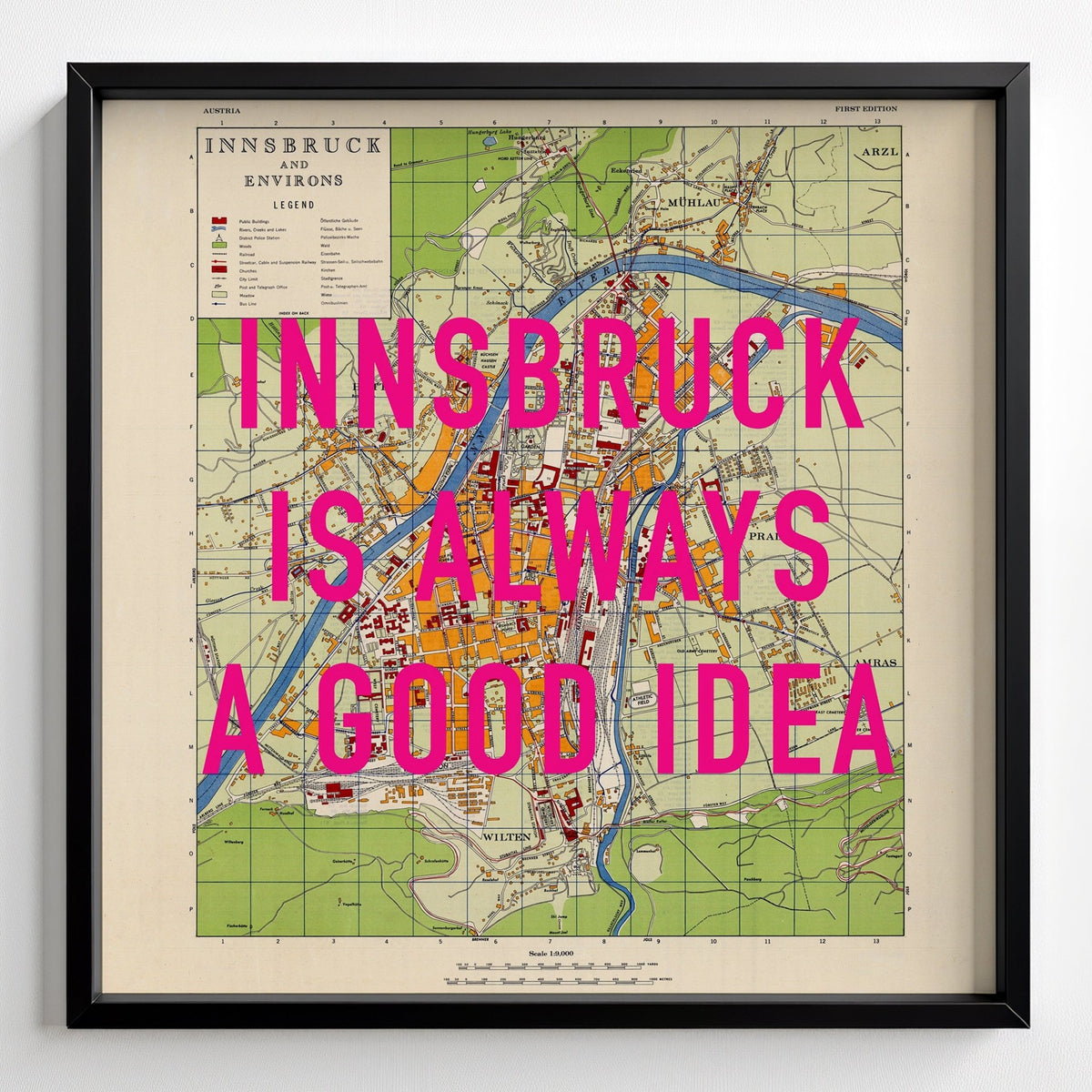 Innsbruck (Austria) Retro Pop Art Map Print - black frame mockup - Magic Posters