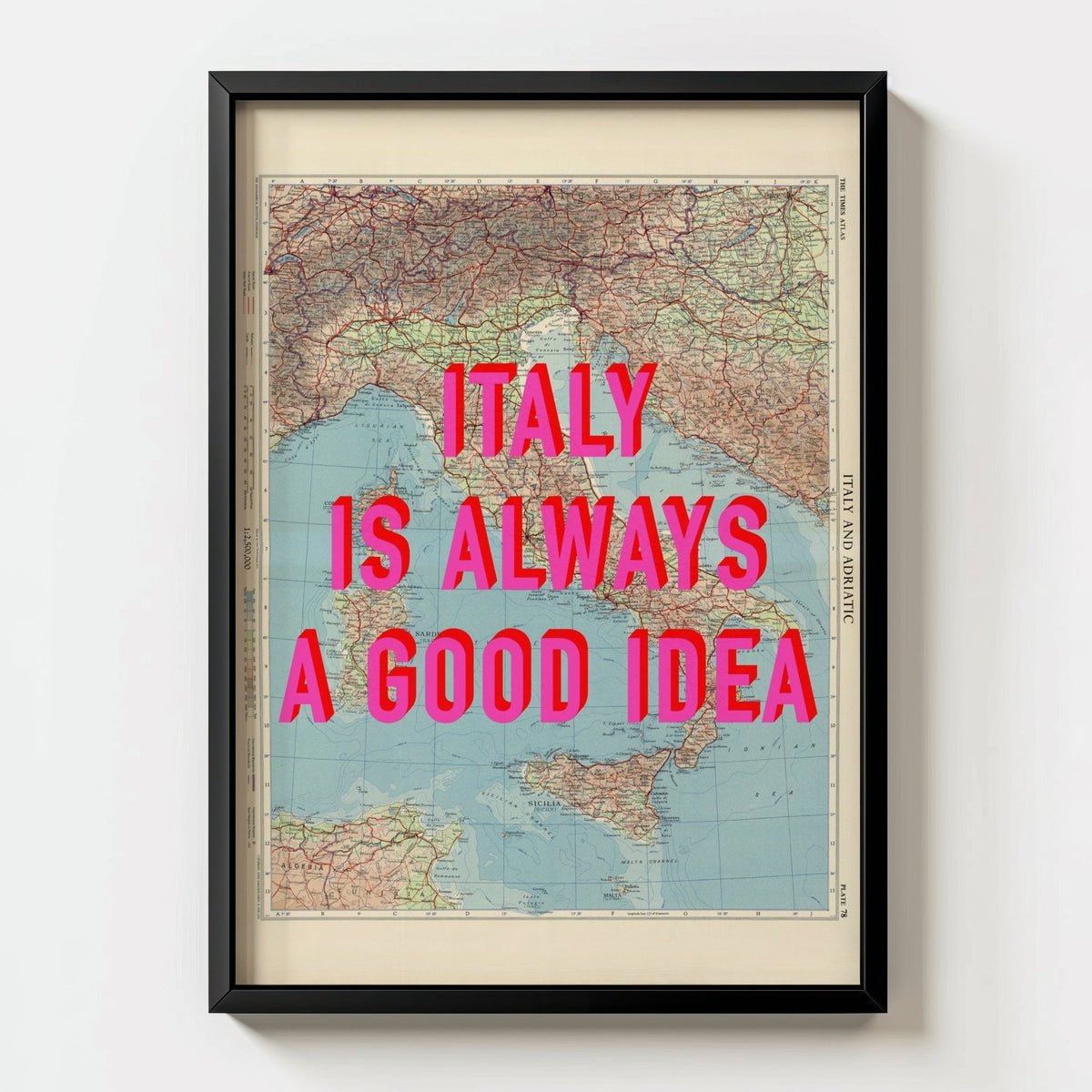 Italy Retro Pop Art Map Print - black frame mockup - Magic Posters