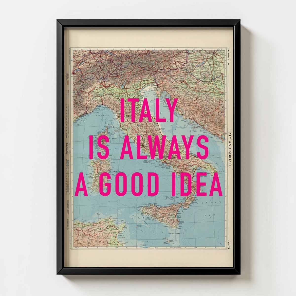 Italy Retro Pop Art Map Print - black frame mockup - Magic Posters