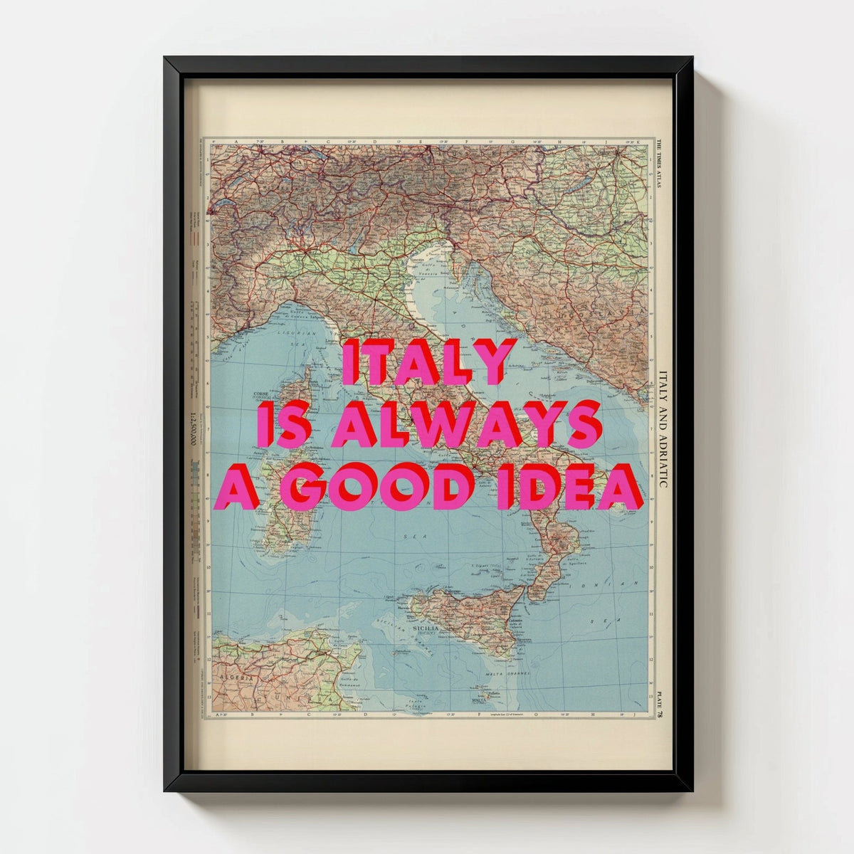Italy Retro Pop Art Map Print - black frame mockup - Magic Posters