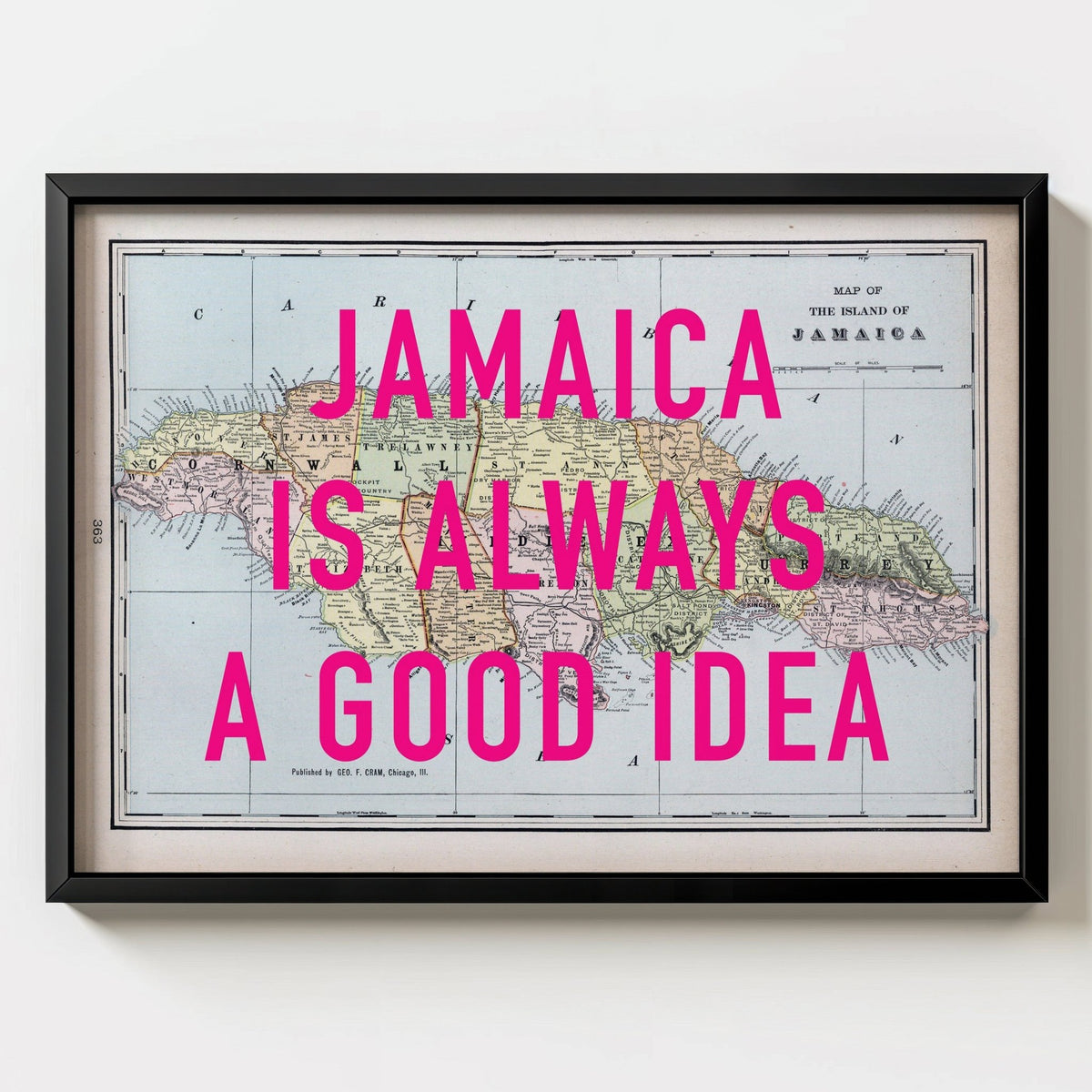 Jamaica Retro Pop Art Map Print (Landscape) - black frame mockup - Magic Posters